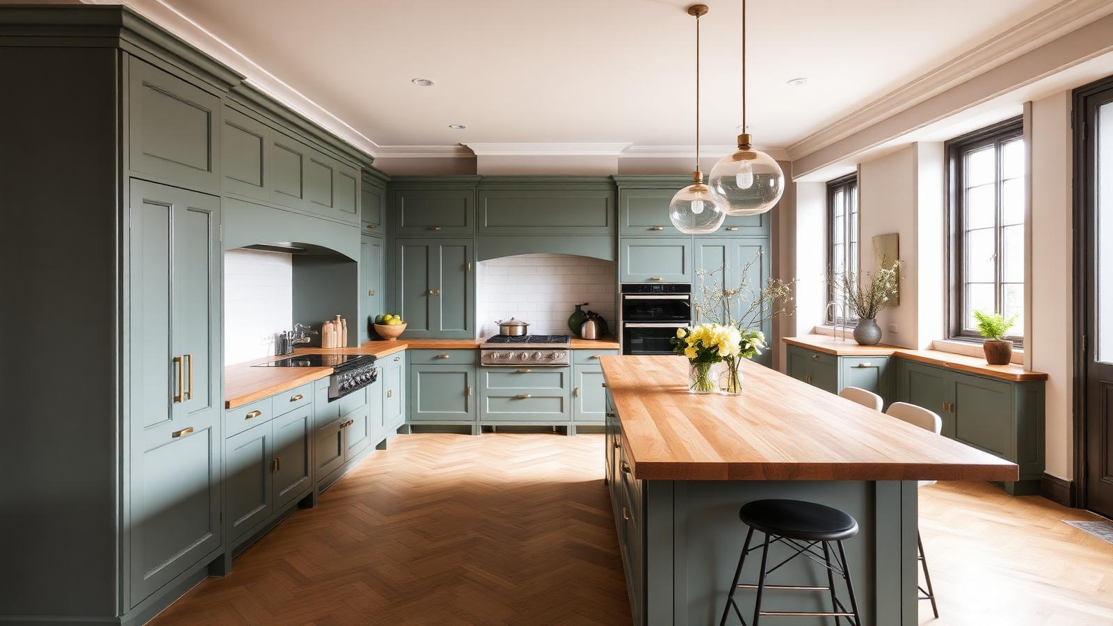 Sage green shaker kitchen with oak worktops and island